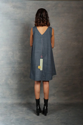 Thread Game A-Line Sleeveless Grey Color Khadi Casual Dress – Minimal, Hand Embroidered and Sustainable