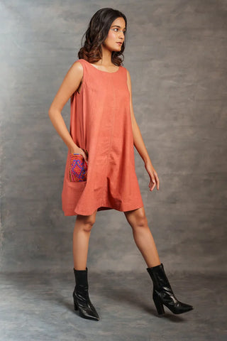 Handwoven Khadi A-Line Dress with Artisanal Hand Embroidered Pocket