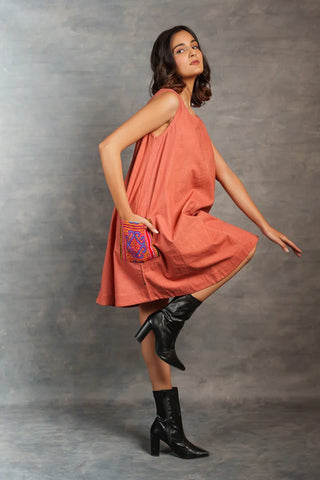 Handwoven Khadi A-Line Dress with Artisanal Hand Embroidered Pocket