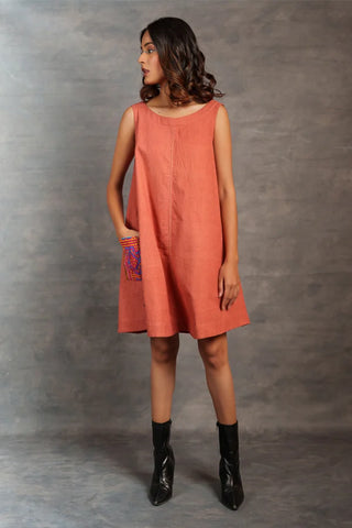 Handwoven Khadi A-Line Dress with Artisanal Hand Embroidered Pocket