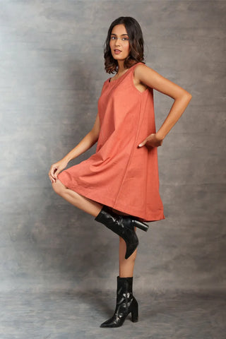Handwoven Khadi A-Line Dress with Artisanal Hand Embroidered Pocket