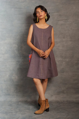 Handwoven Khadi A-Line Dress with Artisanal Hand Embroidered Pocket