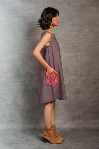 Handwoven Khadi A-Line Dress with Artisanal Hand Embroidered Pocket