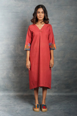 Hand spun Khadi Midi Dress in Red – Handmade Applique by Local Artisans