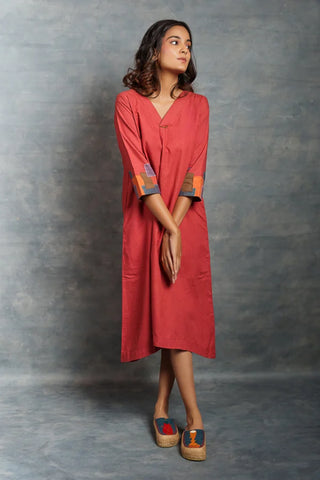 Hand spun Khadi Midi Dress in Red – Handmade Applique by Local Artisans