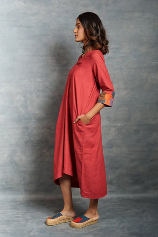 Hand spun Khadi Midi Dress in Red – Handmade Applique by Local Artisans