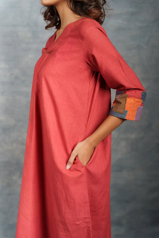 Hand spun Khadi Midi Dress in Red – Handmade Applique by Local Artisans