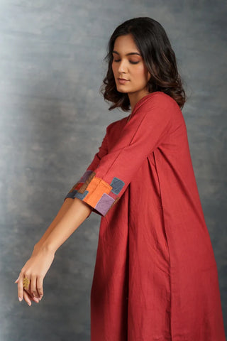 Hand spun Khadi Midi Dress in Red – Handmade Applique by Local Artisans