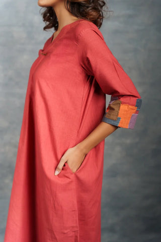 Hand spun Khadi Midi Dress in Red – Handmade Applique by Local Artisans