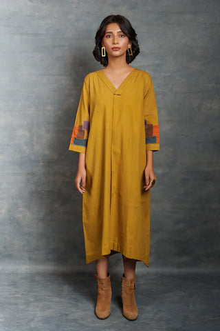 Conscious Luxury: Khadi V Neck Yellow Dress with Hand Applique