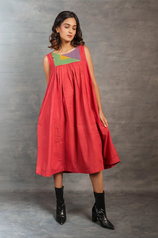 Handwoven Red Midi Dress with Triangle Yoke