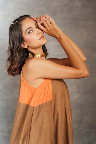 Ray & Hue - Brown Block Khadi Midi Dress