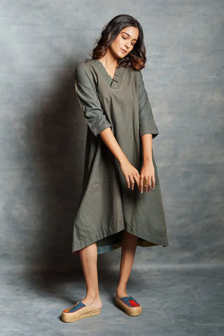Gray Asymmetrical Handwoven V Neck Khadi Dress with Applique Detailing