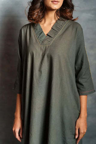 Gray Asymmetrical Handwoven V Neck Khadi Dress with Applique Detailing
