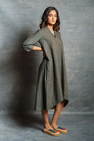 Gray Asymmetrical Handwoven V Neck Khadi Dress with Applique Detailing