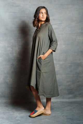 Gray Asymmetrical Handwoven V Neck Khadi Dress with Applique Detailing