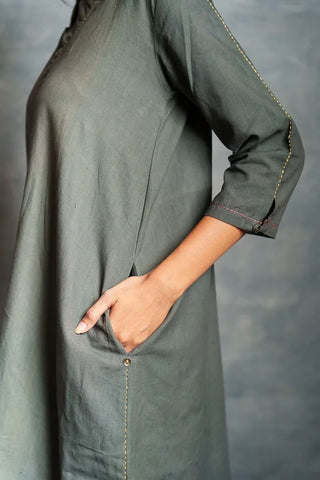 Gray Asymmetrical Handwoven V Neck Khadi Dress with Applique Detailing