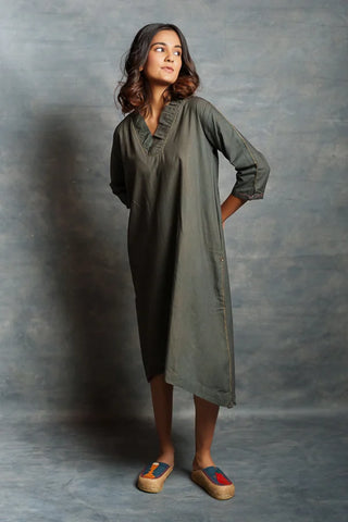 Gray Asymmetrical Handwoven V Neck Khadi Dress with Applique Detailing