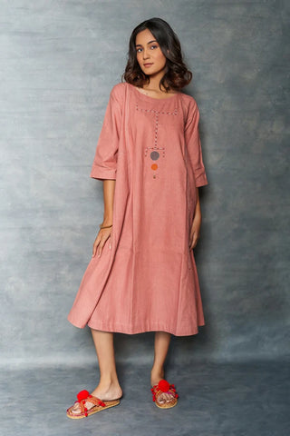 Pink midi dress- A-line 3/4th sleeves dress with front details.