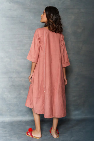 Pink midi dress- A-line 3/4th sleeves dress with front details.