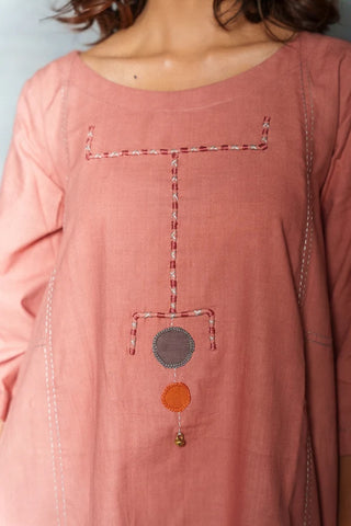 Pink midi dress- A-line 3/4th sleeves dress with front details.