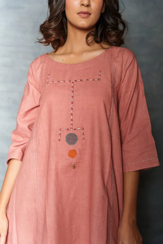 Pink midi dress- A-line 3/4th sleeves dress with front details.