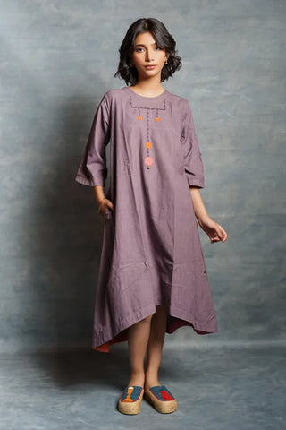 Purple midi dress- A-line 3/4th sleeves dress with front details.