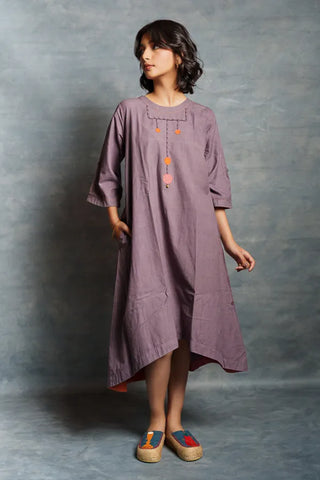 Purple midi dress- A-line 3/4th sleeves dress with front details.