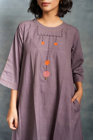 Purple midi dress- A-line 3/4th sleeves dress with front details.