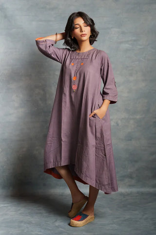 Purple midi dress- A-line 3/4th sleeves dress with front details.