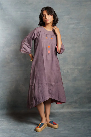 Purple midi dress- A-line 3/4th sleeves dress with front details.