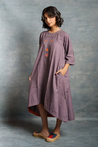 Purple midi dress- A-line 3/4th sleeves dress with front details.