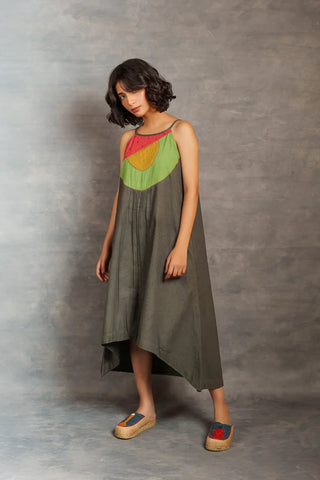 Gray applique dress -Spaghetti Khadi Midi Dress with Hand Appliqué