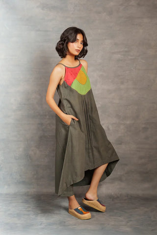 Gray applique dress -Spaghetti Khadi Midi Dress with Hand Appliqué