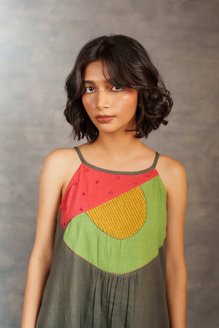 Gray applique dress -Spaghetti Khadi Midi Dress with Hand Appliqué