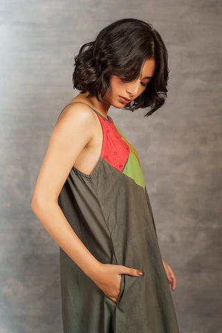 Gray applique dress -Spaghetti Khadi Midi Dress with Hand Appliqué