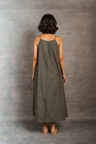 Gray applique dress -Spaghetti Khadi Midi Dress with Hand Appliqué