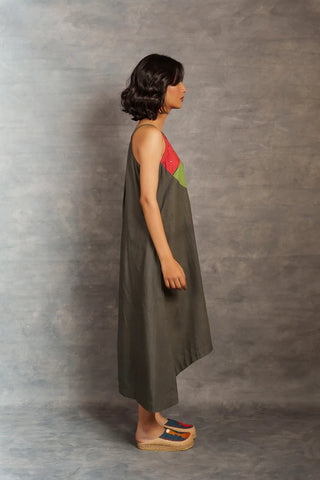 Gray applique dress -Spaghetti Khadi Midi Dress with Hand Appliqué