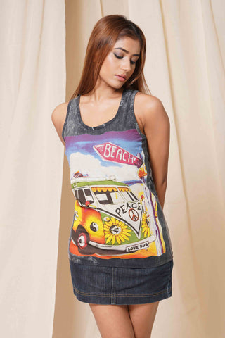 Thread Game Vintage Peace Bus Acid-Wash Graphic Short Tank